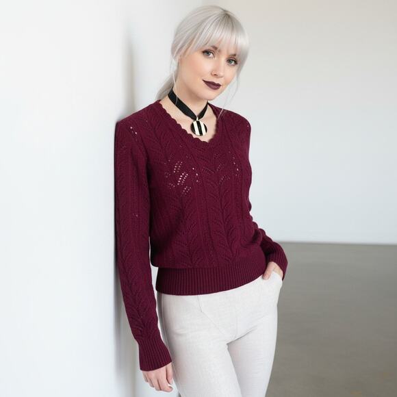 Vintage Sweaters - Vintage 80s Burgundy Crochet Knit Sweater Medium, Open Weave Ribbed Trim Top